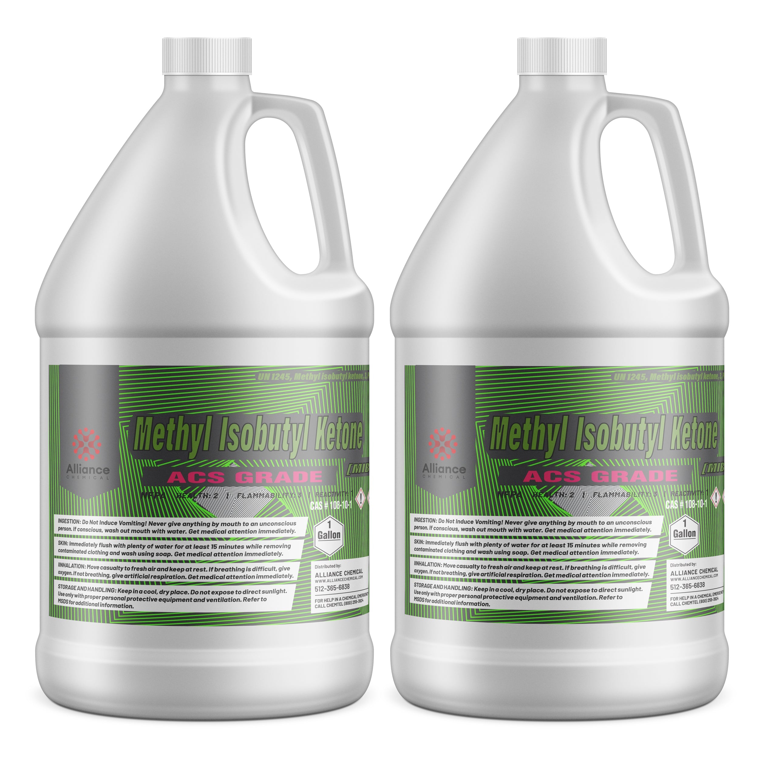 2-gallon HDPE jugs of ACS-grade Methyl Isobutyl Ketone (MIBK) with flammability warning labels, safety instructions, and Alliance Chemical branding.